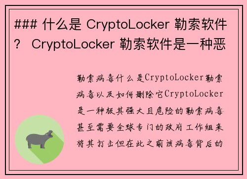 ### 什么是 CryptoLocker 勒索软件？ CryptoLocker 勒索软件是一种恶