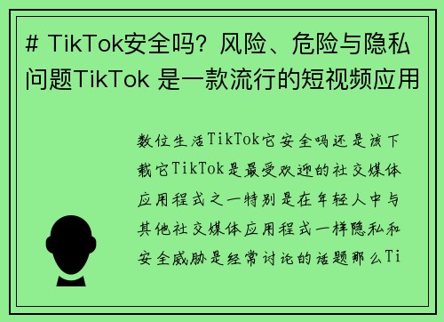 # TikTok安全吗？风险、危险与隐私问题TikTok 是一款流行的短视频应用，但随着它的普及